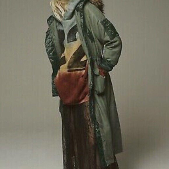 Free People Jackets & Blazers - Free People Farrah Military Parka FauxFur Hood Velvet Trim Oversize Green XS NEW